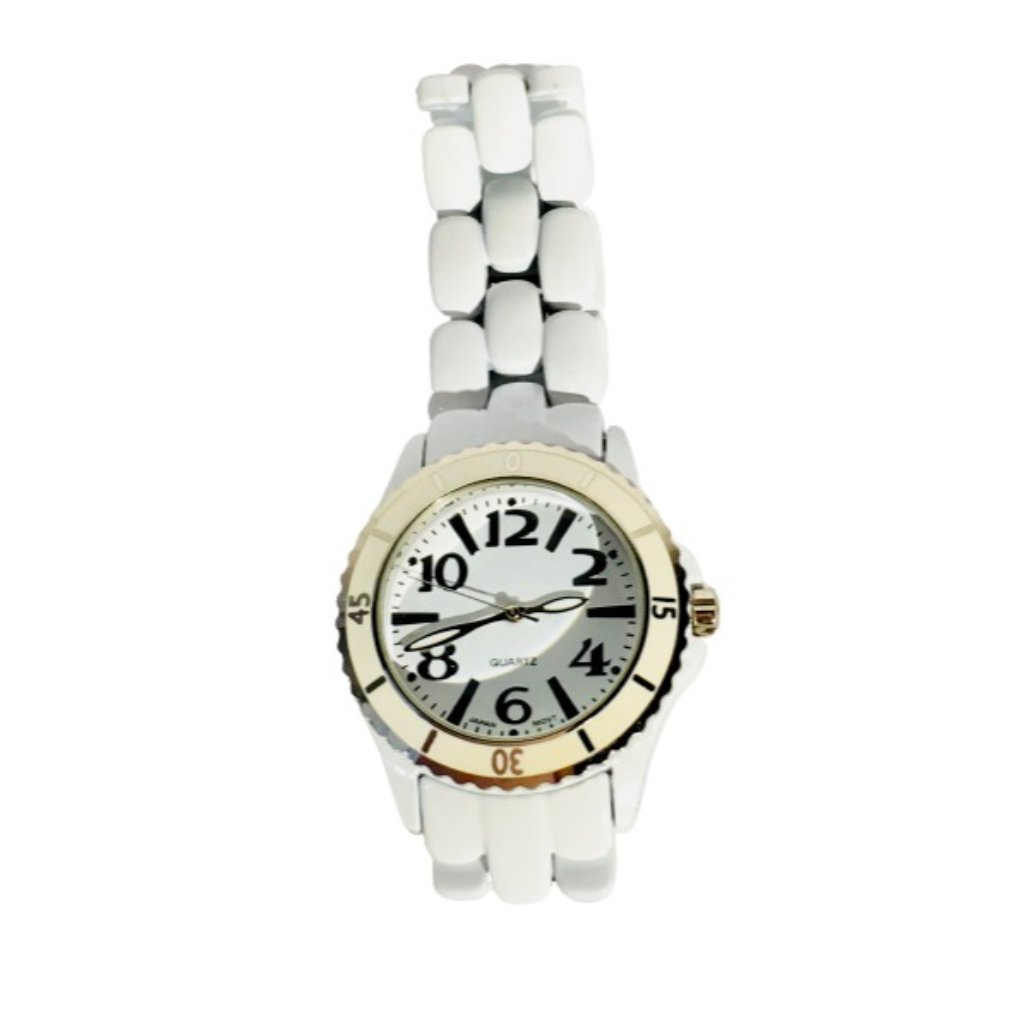 White Ceramic Quartz Womens Watch With GoldTone Bezel  Preowned